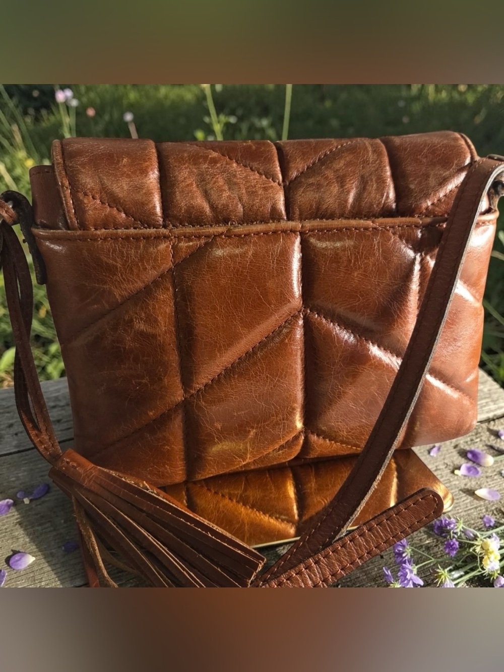 Patricia Nash vintage Cognac leather Crossbody bag quilted tassel - Picture 4 of 13